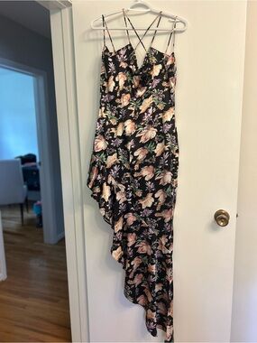 Nookie Black Floral Asymmetrical Slip Dress with Crisscross Straps